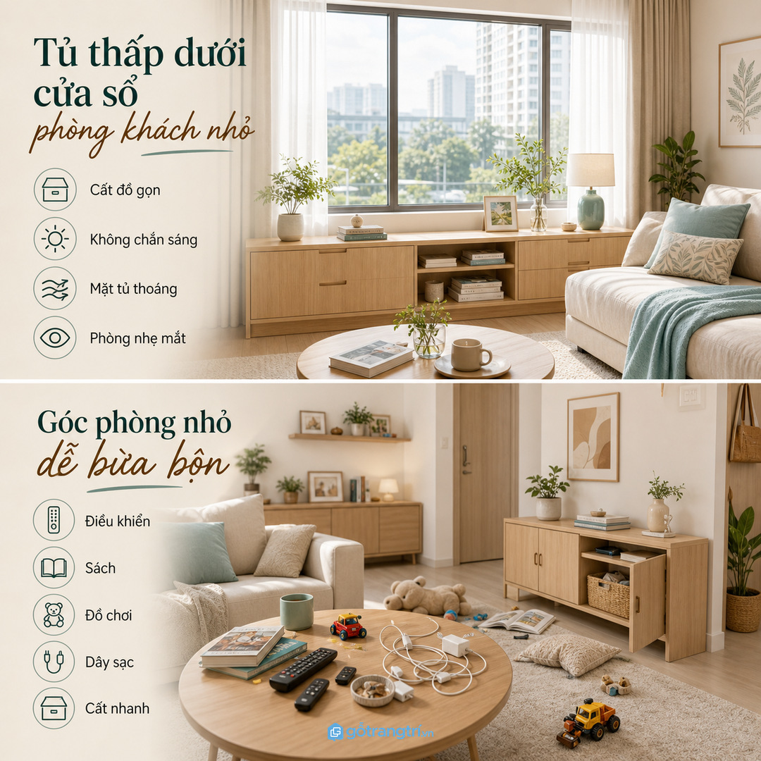 Tủ thấp dưới cửa sổ giúp phòng khách nhỏ thêm chỗ cất đồ mà vẫn giữ ánh sáng