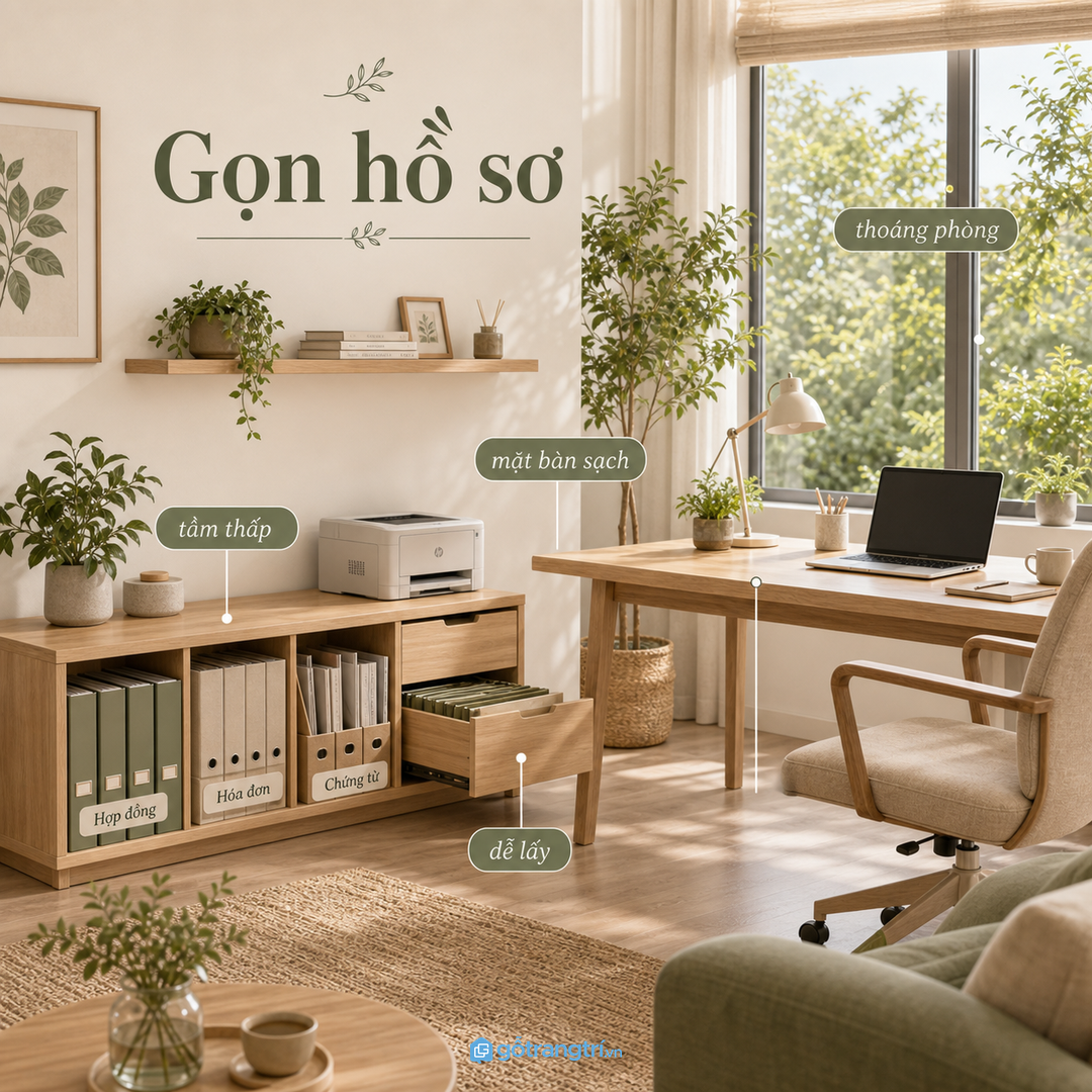 Tủ thấp kiêm kệ máy in giúp văn phòng nhỏ gọn thiết bị và hồ sơ hơn