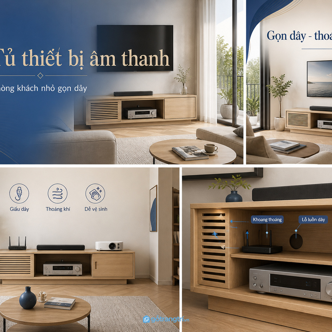 Tủ thiết bị âm thanh giúp phòng khách nhỏ gọn dây và thoáng máy hơn