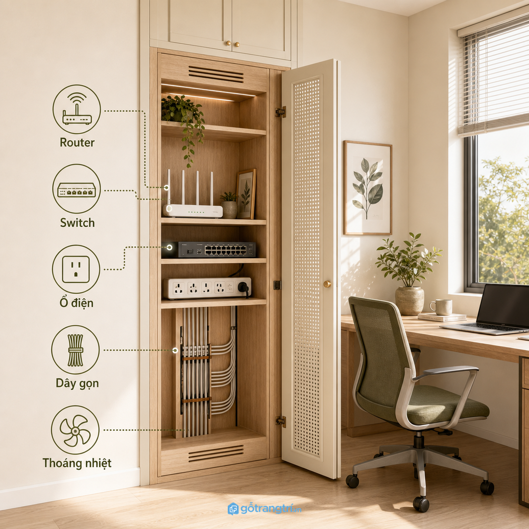 Tủ thiết bị mạng giúp văn phòng nhỏ gom dây, thiết bị và góc kỹ thuật gọn hơn