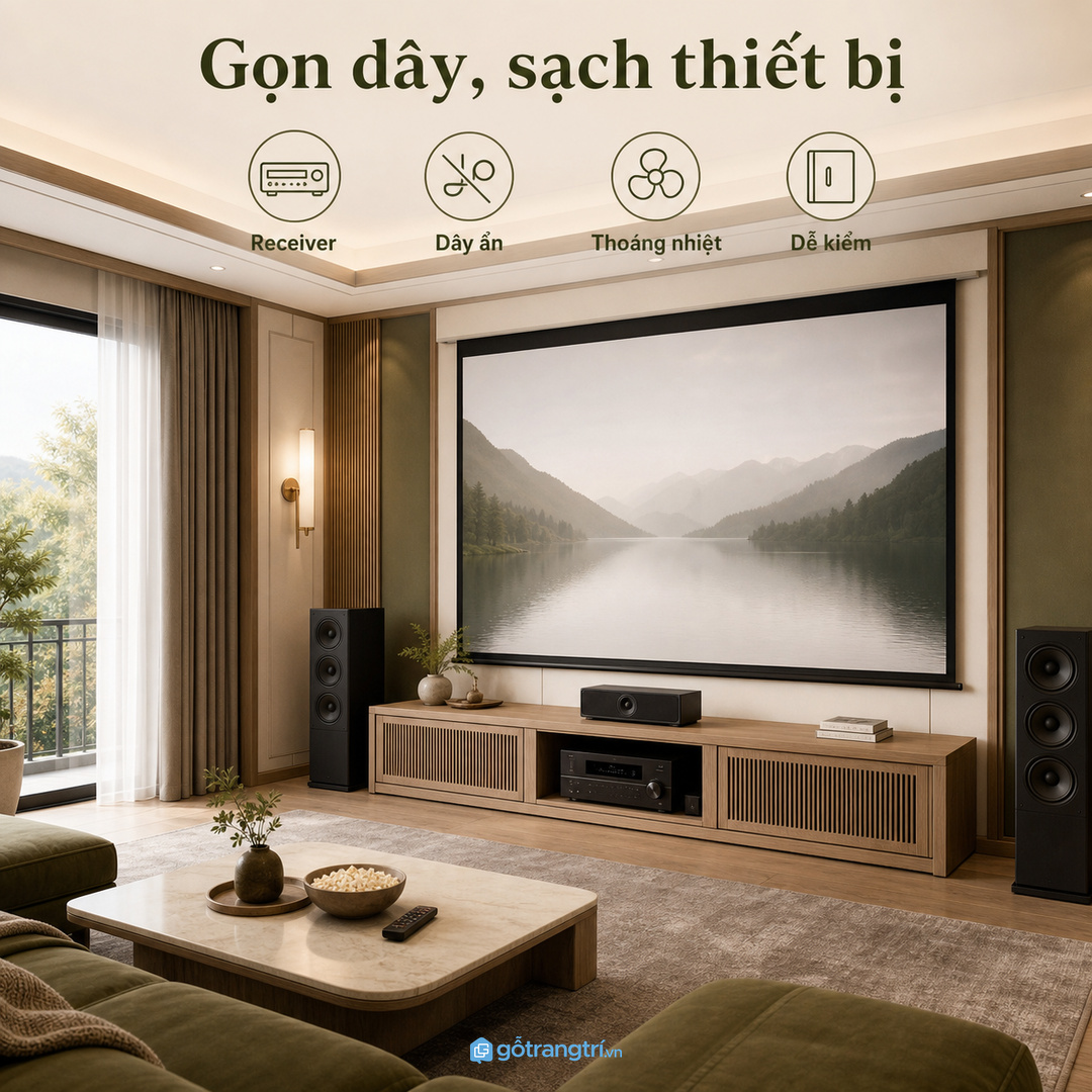 Tủ thiết bị phòng chiếu phim biệt thự giúp giấu dây và giữ không gian sạch hơn
