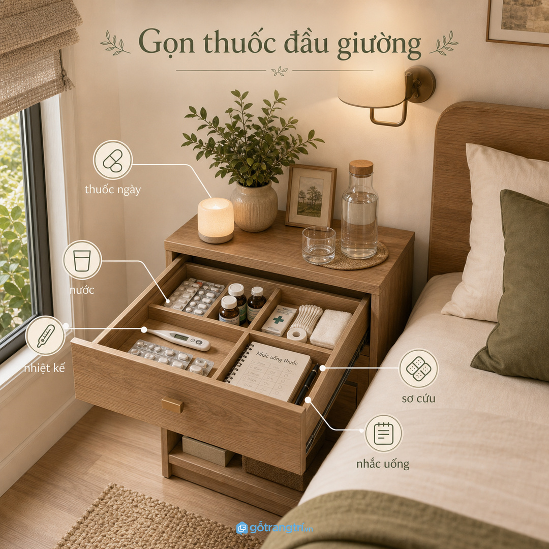 Tủ thuốc đầu giường giúp gom thuốc cá nhân, nước, nhiệt kế và đồ sơ cứu về một điểm dễ lấy