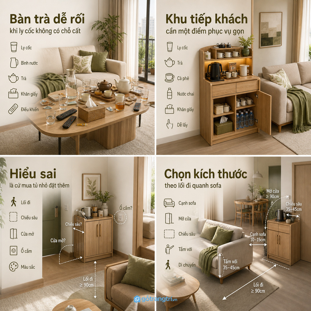 Tủ trà nước giúp phòng khách nhỏ gọn ly cốc và sạch bàn trà