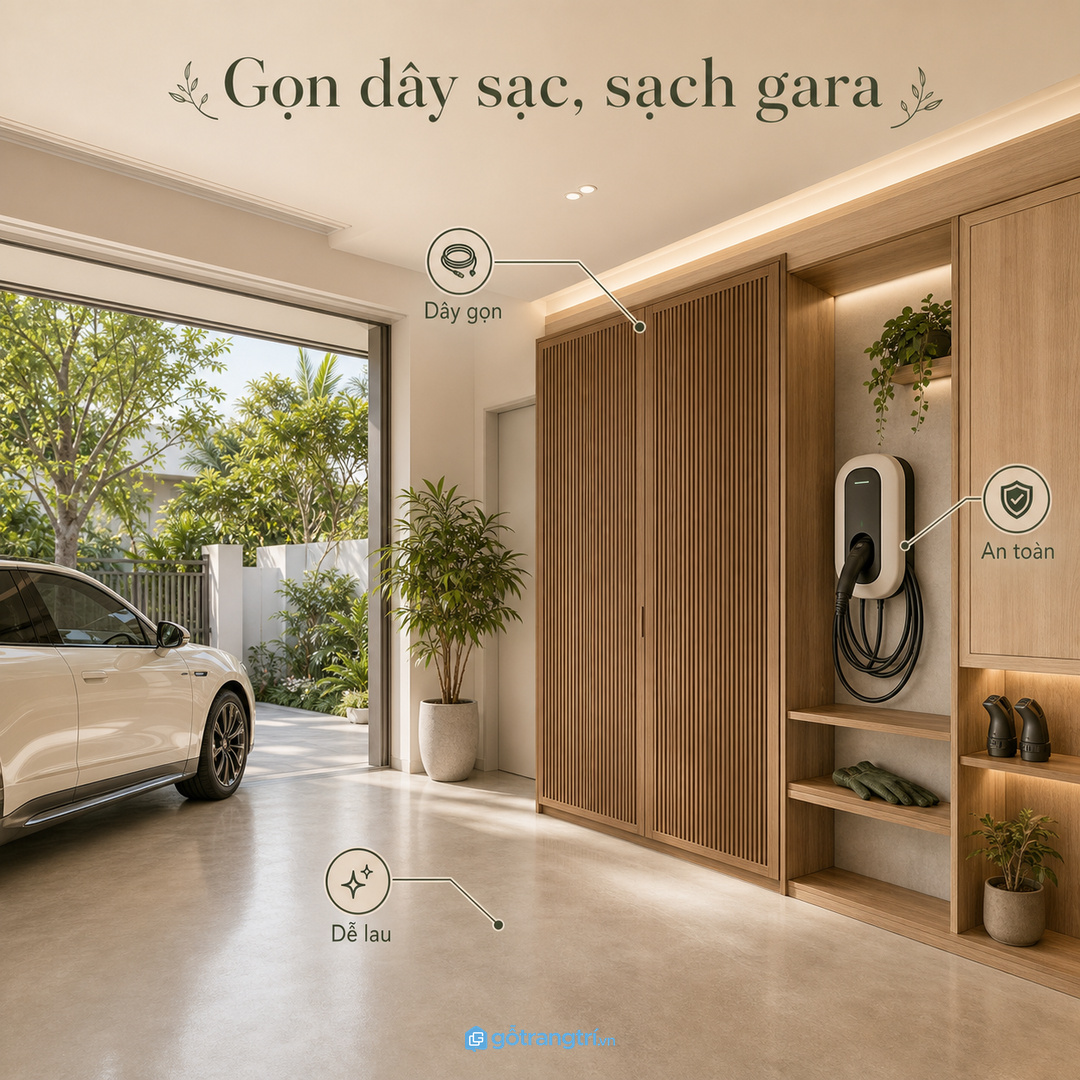 Tủ trạm sạc xe điện giúp gara biệt thự gọn dây và sang hơn