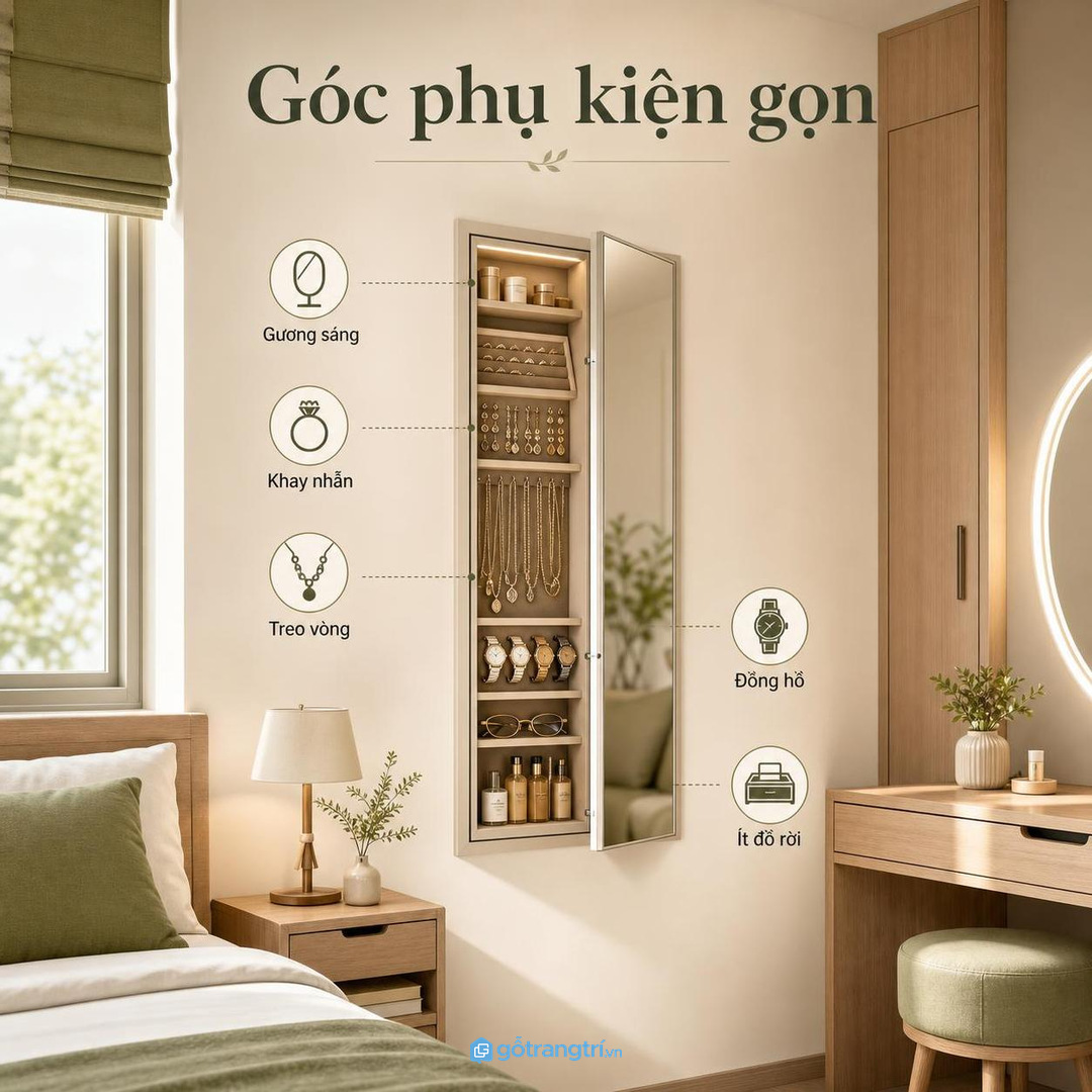Tủ trang sức âm tường giúp phòng ngủ nhỏ cất phụ kiện gọn và sáng góc làm đẹp