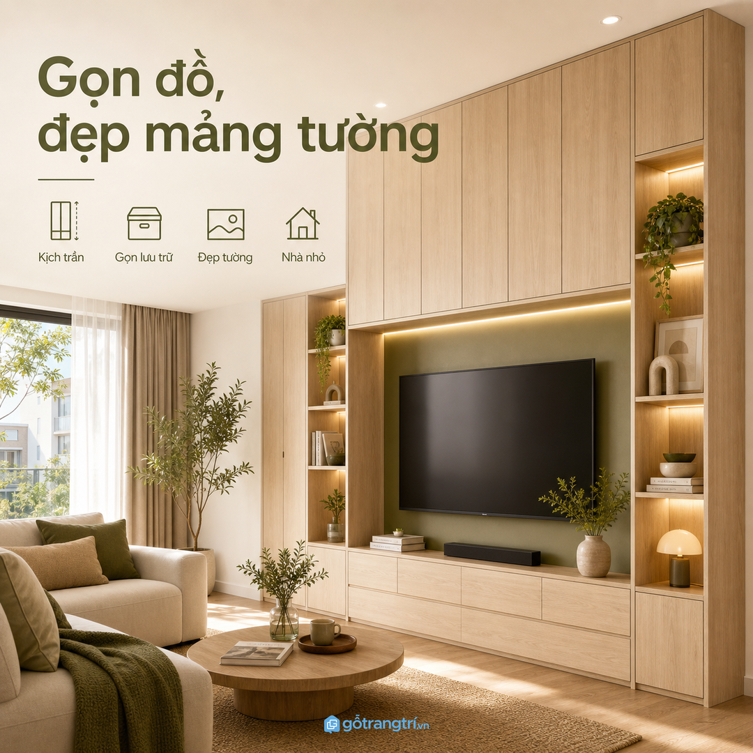 Tủ trang trí kịch trần giúp phòng khách nhỏ gọn đồ và đẹp mảng tường