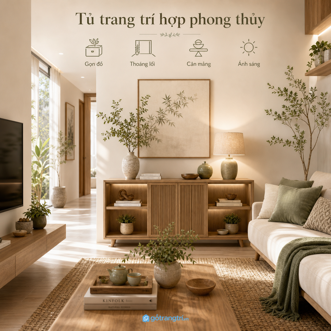 Tủ trang trí hợp phong thủy giúp phòng khách nhỏ gọn đồ, sáng nhà và tụ khí tốt