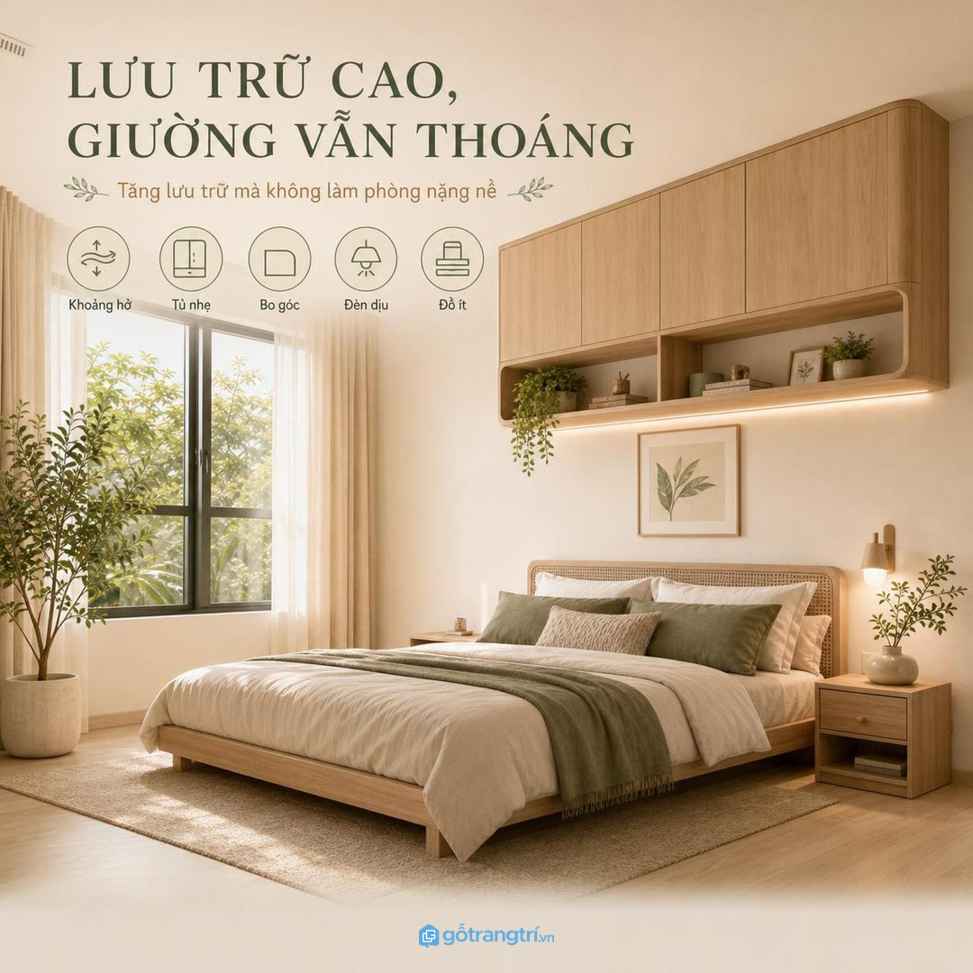 Tủ treo đầu giường giúp phòng ngủ nhỏ có thêm lưu trữ mà vẫn thoáng.