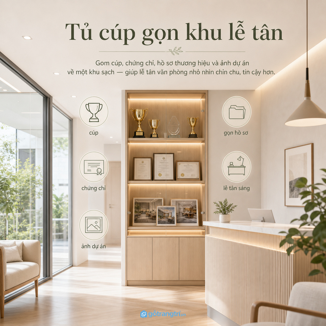 Tủ trưng bày cúp và chứng chỉ giúp khu lễ tân văn phòng nhỏ gọn và tin cậy hơn