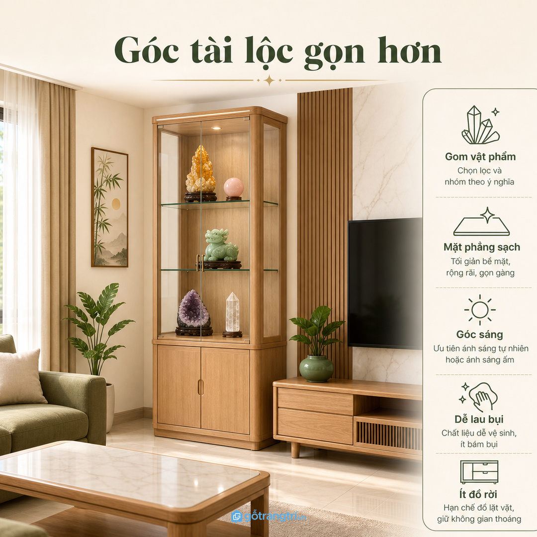 Tủ trưng bày đá phong thủy giúp phòng khách nhỏ gọn vật phẩm và sáng góc tài lộc