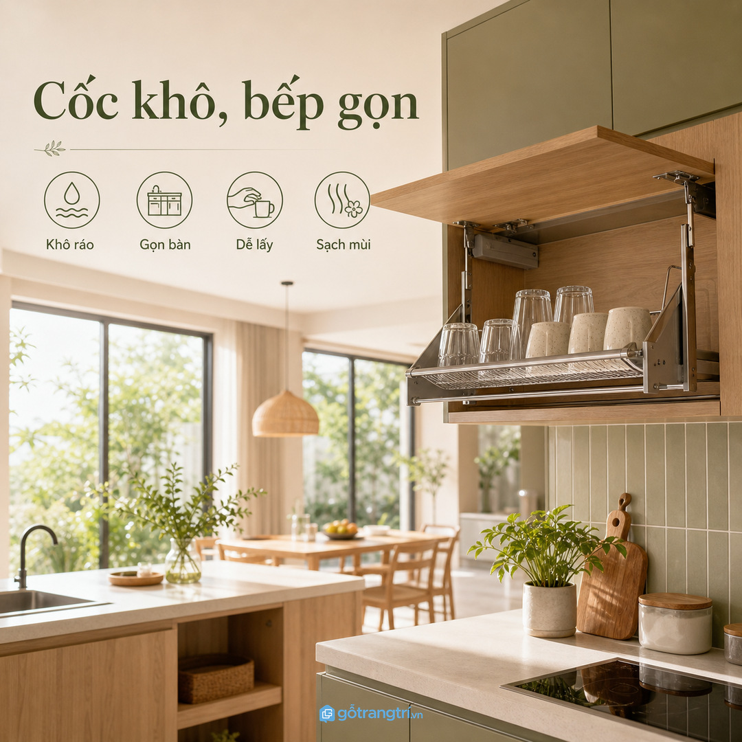 Tủ khay úp cốc âm tủ giúp bếp nhỏ gọn khoang úp cốc và thoáng mặt bàn