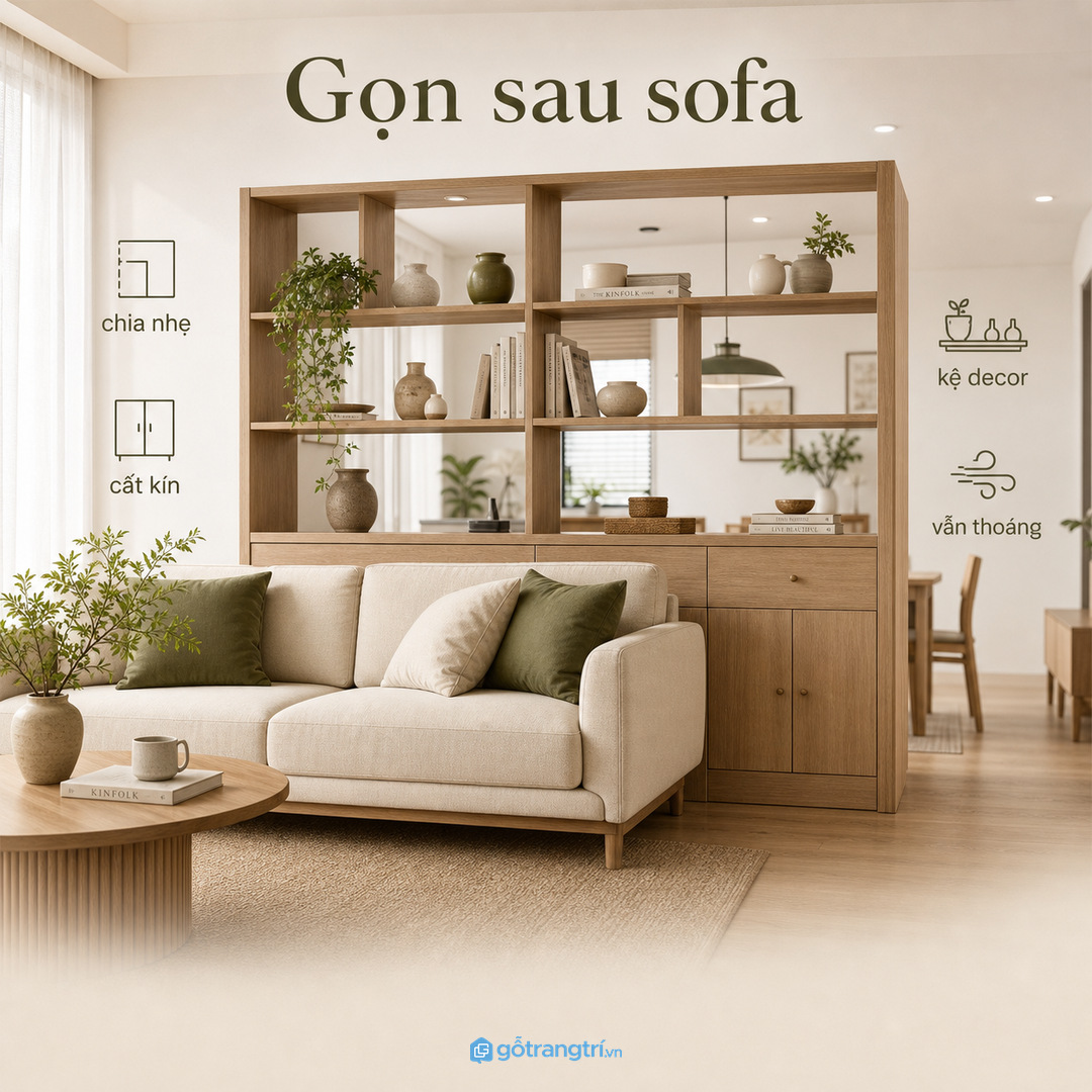 Tủ vách ngăn sau sofa giúp phòng khách nhỏ gọn và thoáng hơn