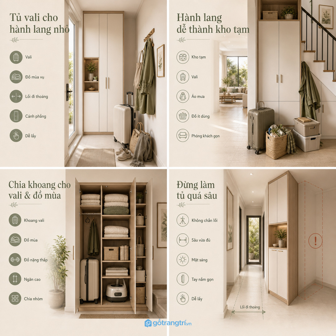 Tủ vali hành lang giúp nhà phố nhỏ cất đồ mùa vụ gọn và giữ lối đi thoáng