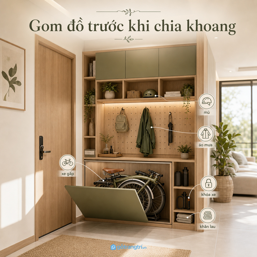 Tủ để xe đạp gấp cho chung cư nhỏ giúp gom xe, mũ, áo mưa và khóa xe gọn một chỗ