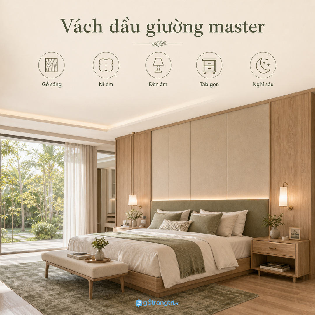 Vách đầu giường giúp phòng ngủ master biệt thự ấm hơn và gọn tab hơn