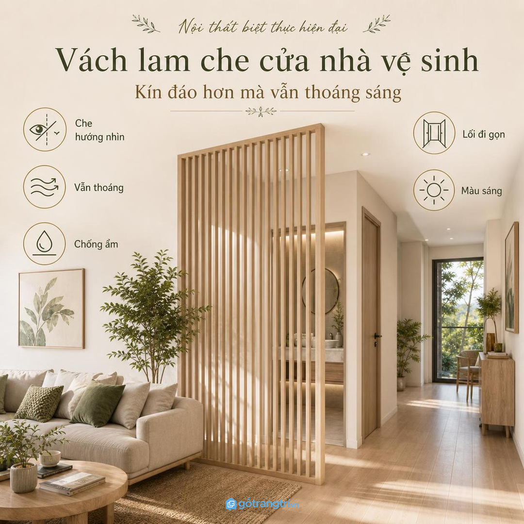 Vách lam che cửa nhà vệ sinh giúp nhà nhỏ kín đáo hơn mà vẫn thoáng sáng