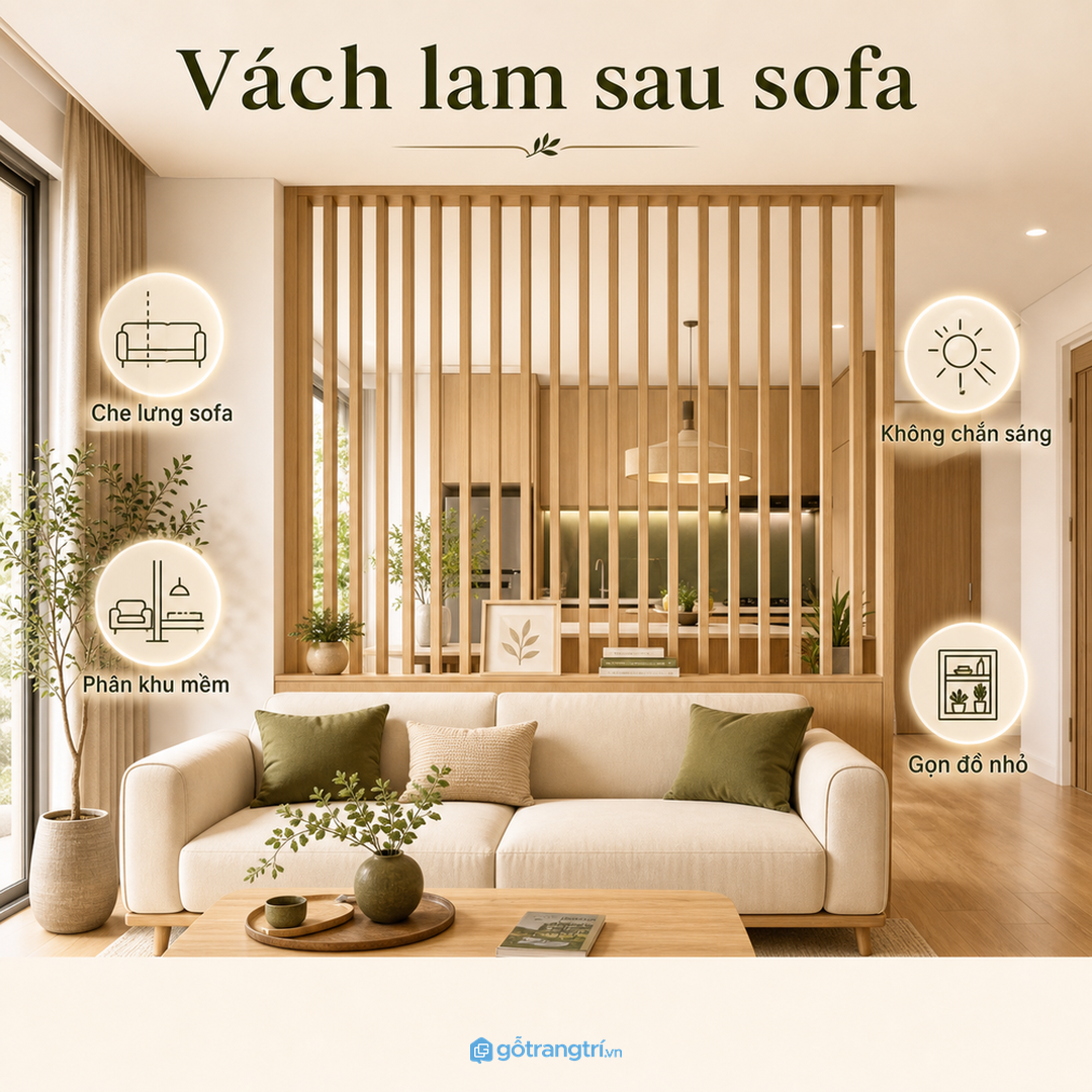 Vách lam gỗ sau sofa cho phòng khách nhỏ giúp phân khu nhẹ và gọn mảng tường