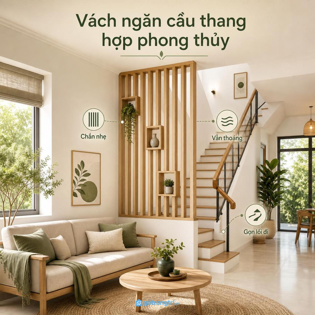 Vách ngăn cầu thang hợp phong thủy giúp nhà phố nhỏ chắn nhẹ mà vẫn thoáng