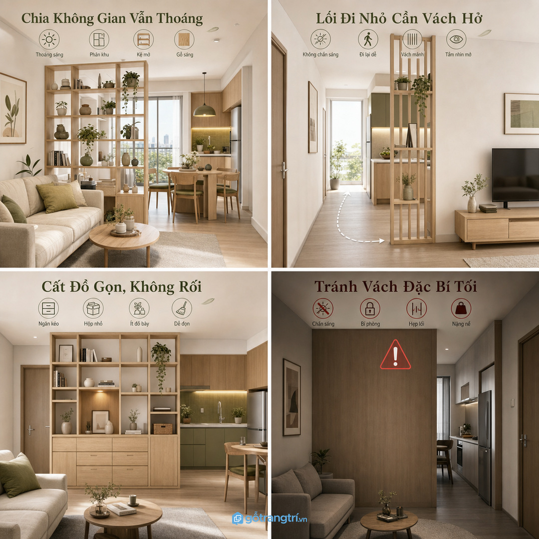 Vách ngăn kệ trang trí giúp chia phòng khách - bếp mà vẫn giữ căn hộ sáng thoáng