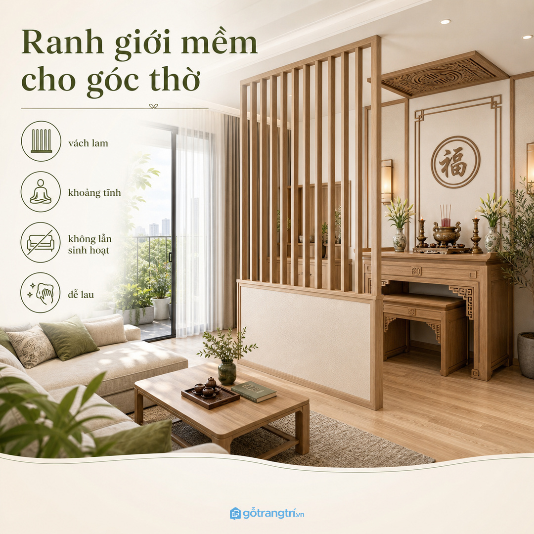 Vách thờ gọn cho chung cư nhỏ giúp tách không gian mà vẫn giữ nhà thoáng