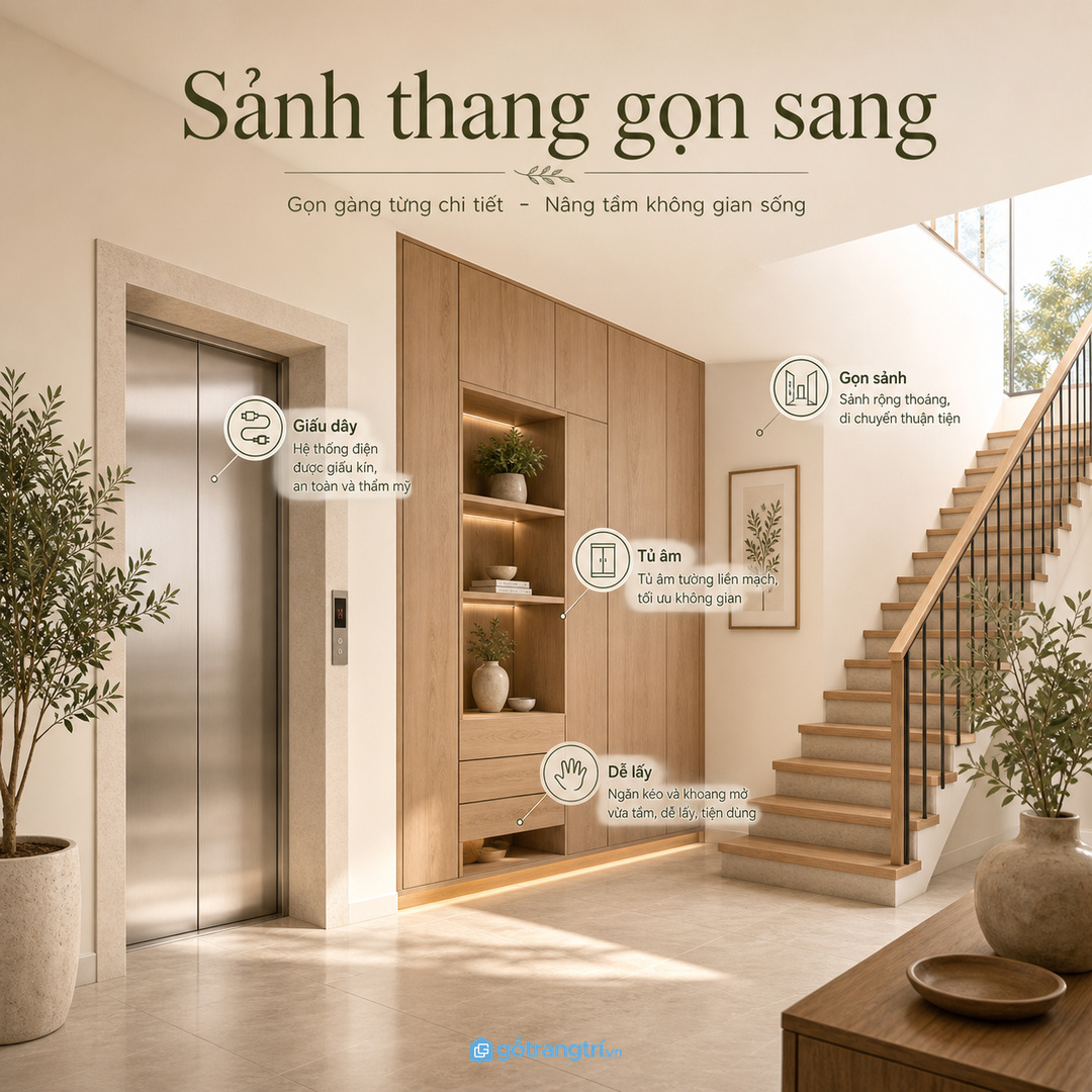 Vách tủ quanh thang máy giúp sảnh biệt thự gọn và sang hơn
