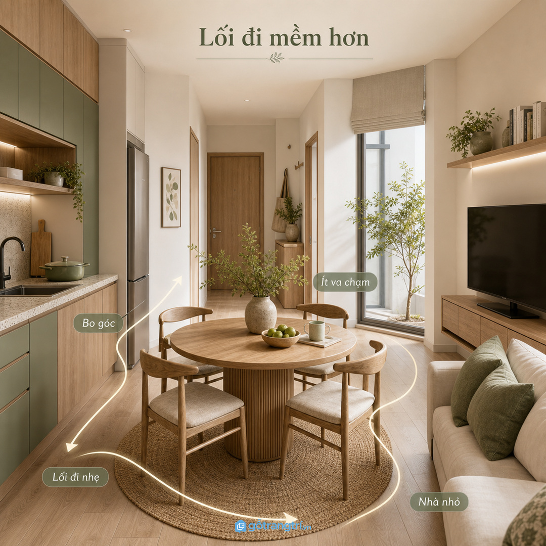Bàn tròn làm mềm góc nhọn và lối đi hẹp