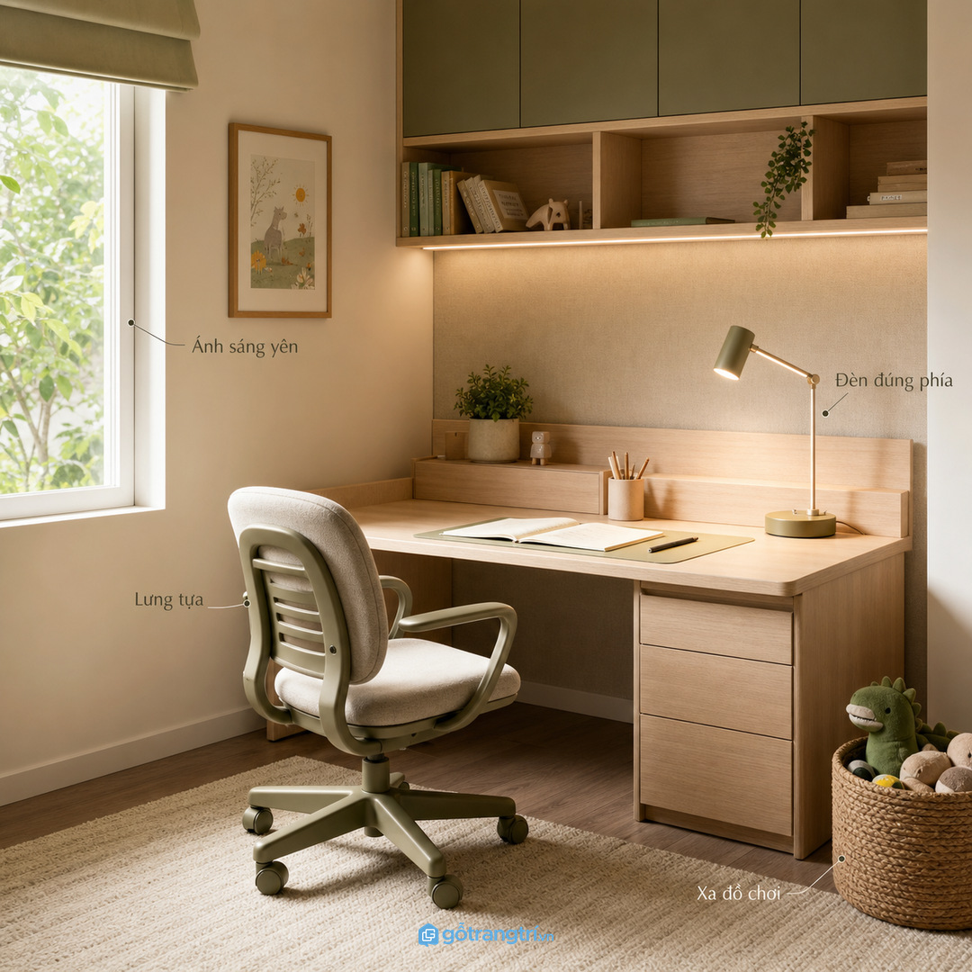 Phòng nhỏ dễ làm bàn học bị lẫn với giường và đồ chơi