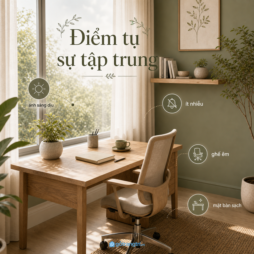 Bàn làm việc là điểm tụ sự tập trung trong nhà