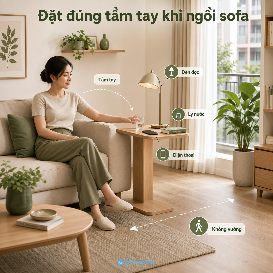 Bàn phụ đặt đúng tầm tay giúp góc sofa tiện hơn mà không rối bàn trà