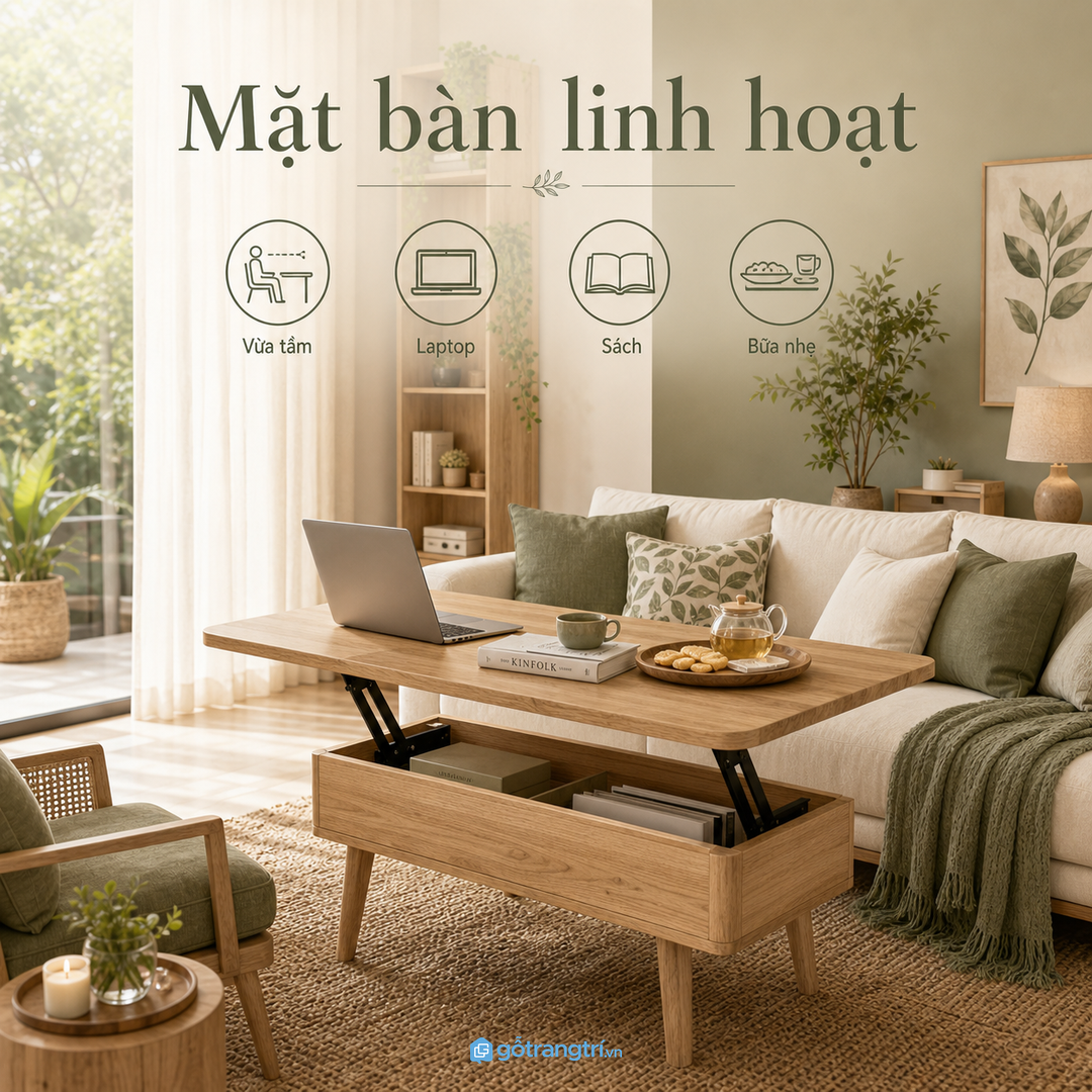 Mặt bàn nâng hạ tạo mặt phẳng vừa tầm khi ngồi sofa