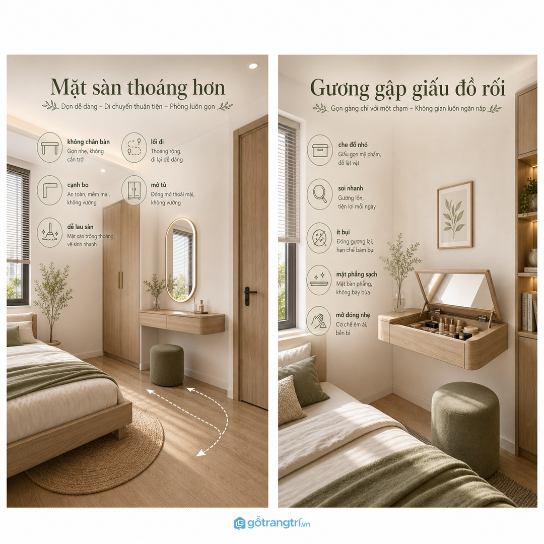Phòng ngủ nhỏ cần một góc làm đẹp nhưng không được mất lối đi