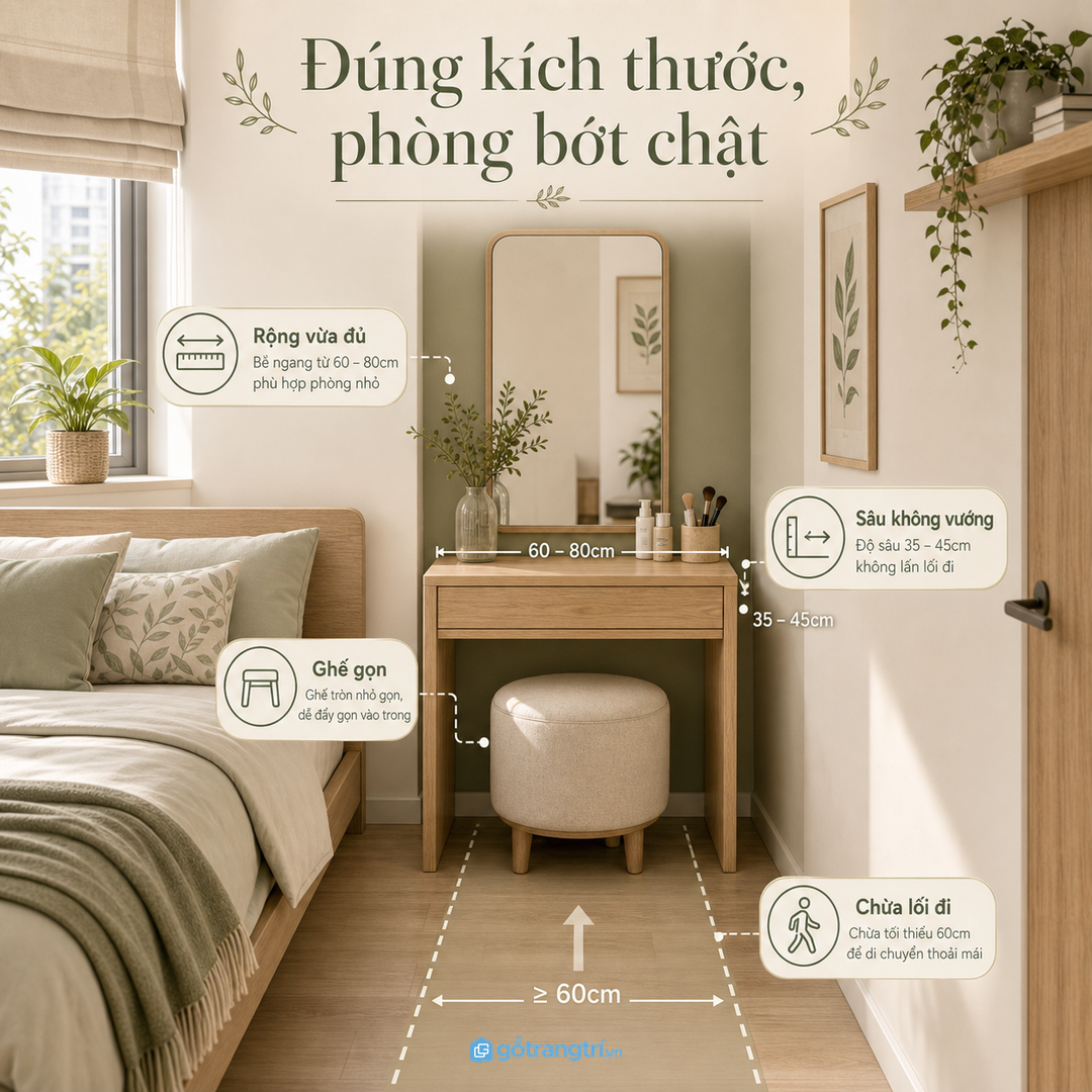 Bàn trang điểm nhỏ nên giữ lối đi và vùng mở tủ áo thông thoáng