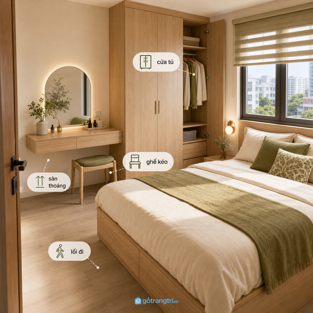 Bàn trang điểm đặt sai vị trí dễ làm phòng ngủ và lối đi bị chật