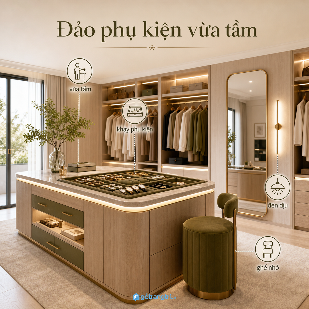 Chọn chiều cao đảo phụ kiện vừa tầm để đứng chọn đồ và đặt khay tiện hơn
