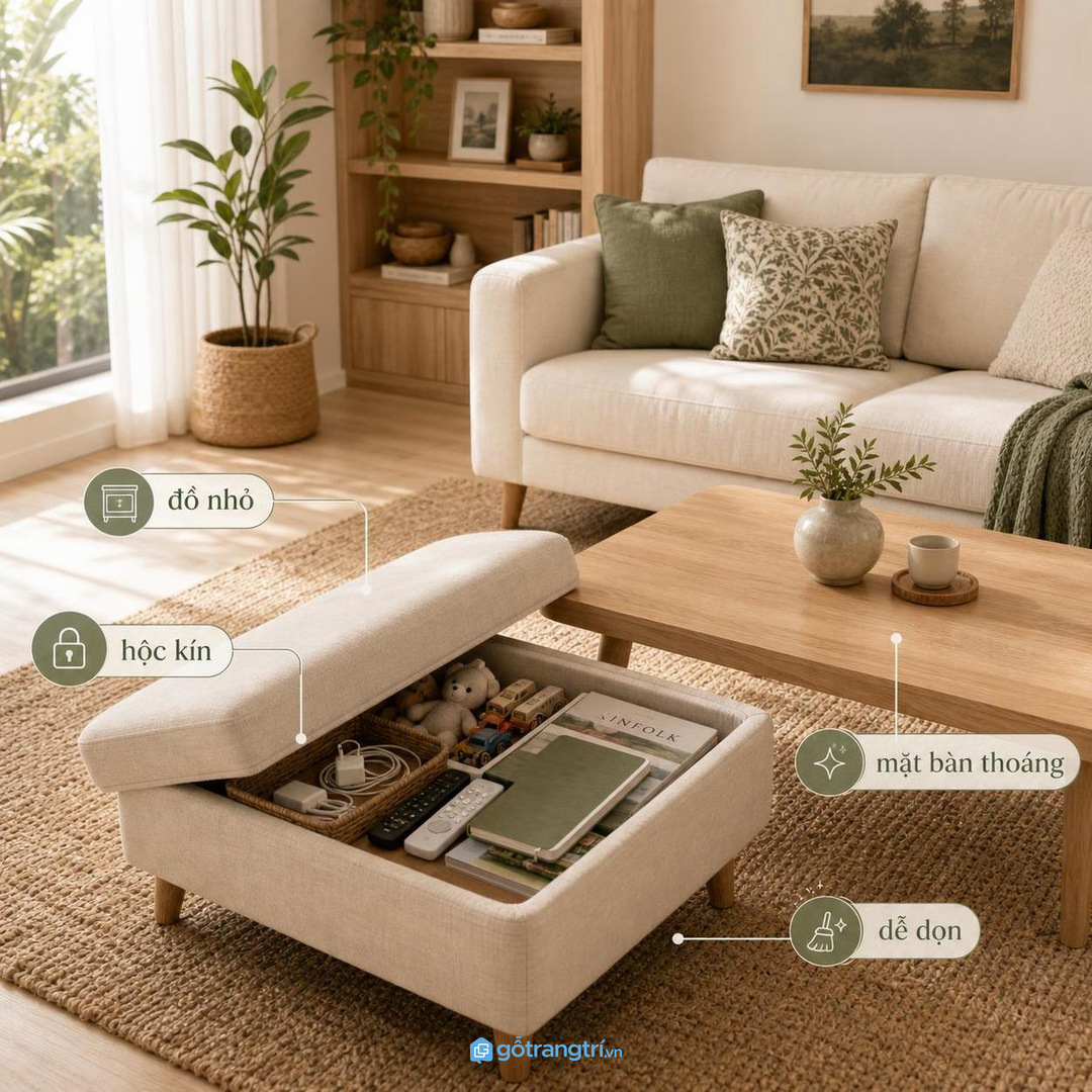 Phòng khách nhỏ cần chỗ ngồi phụ linh hoạt thay vì thêm một chiếc ghế lớn