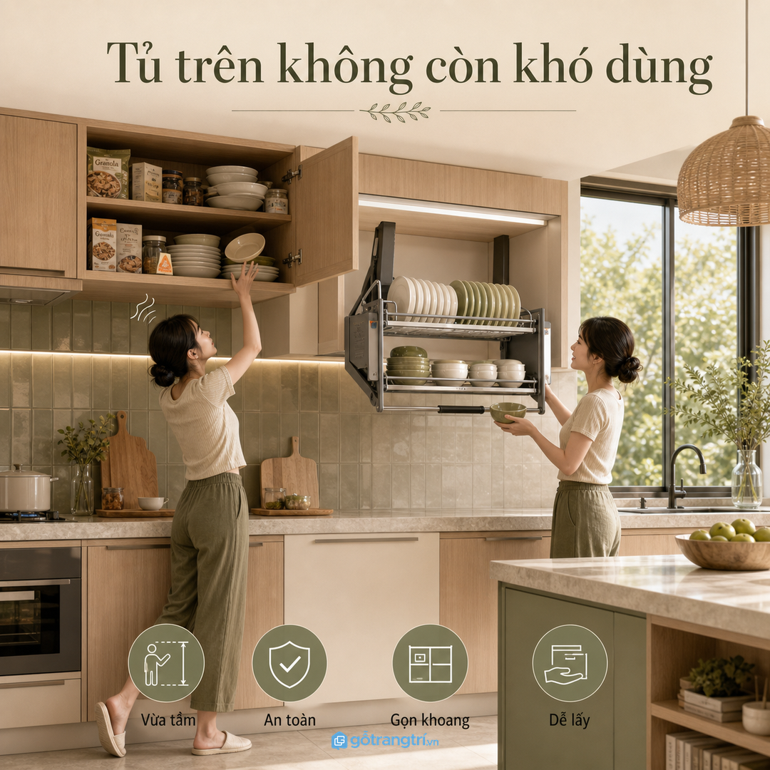 Tủ bếp trên cao dễ biến thành kho khó dùng nếu không có cơ cấu kéo xuống