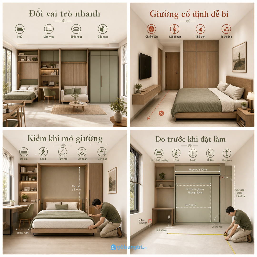 Phòng nhỏ cần đổi vai trò nhanh giữa ngủ, làm việc và sinh hoạt