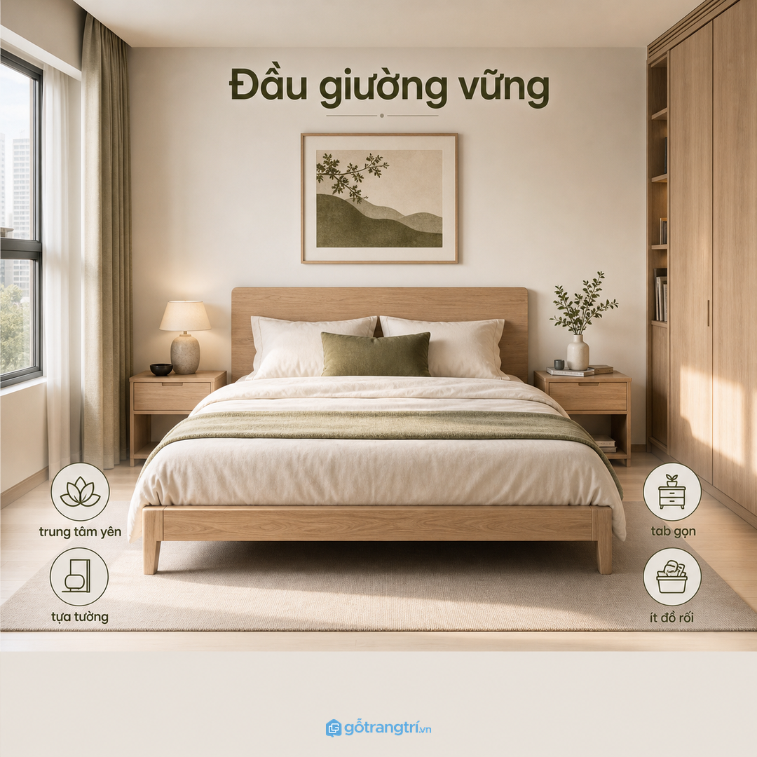Đầu giường vững giúp phòng ngủ nhỏ có cảm giác yên hơn