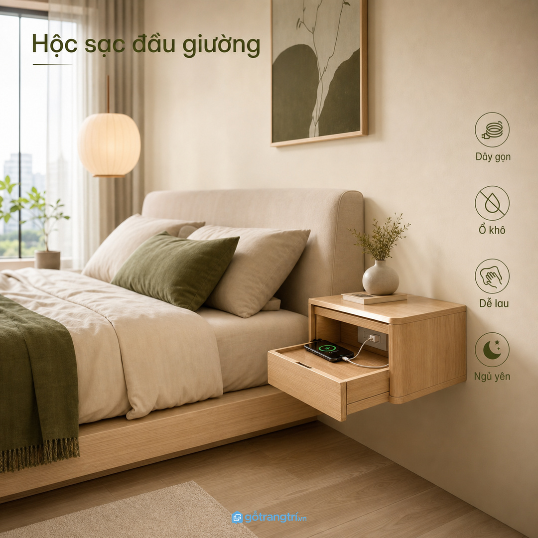 Dây sạc nằm rối quanh giường làm phòng ngủ nhỏ nhanh mất cảm giác yên
