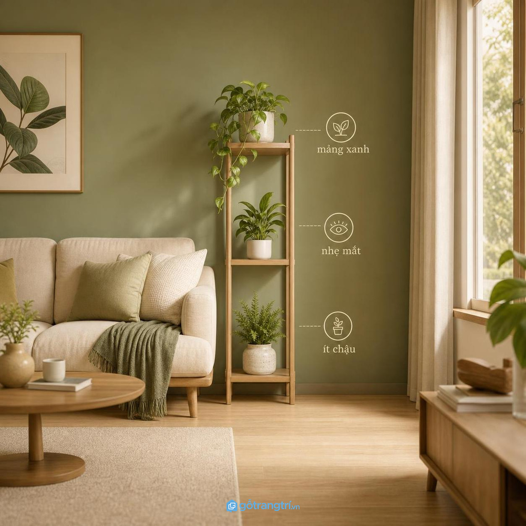 Mảng xanh nhỏ làm phòng khách dịu và có nhịp thở hơn