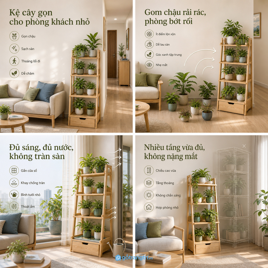 Chậu cây đặt rải rác làm phòng khách nhanh rối và khó lau sàn