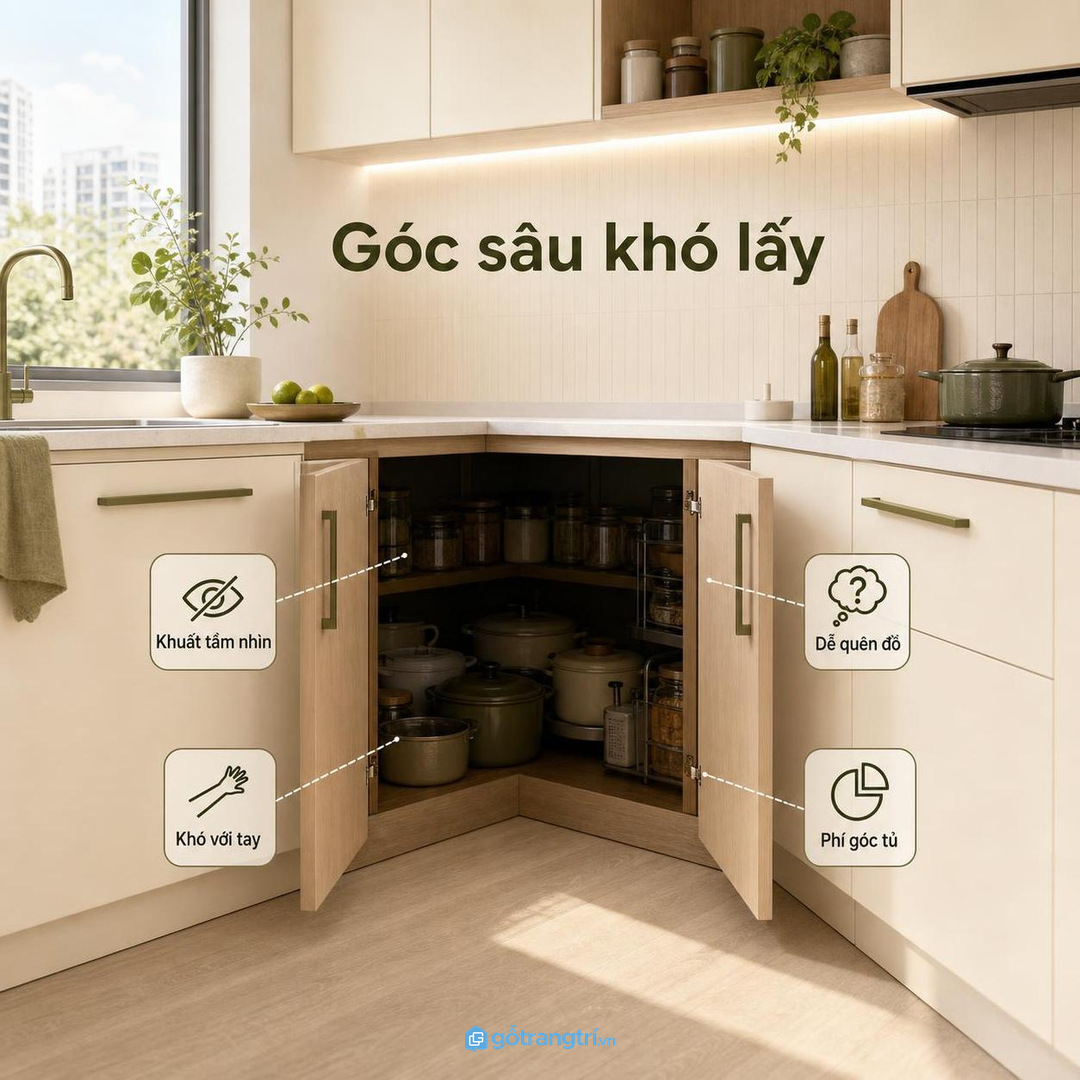 Góc chữ L sâu khiến đồ phía trong khó nhìn và khó lấy