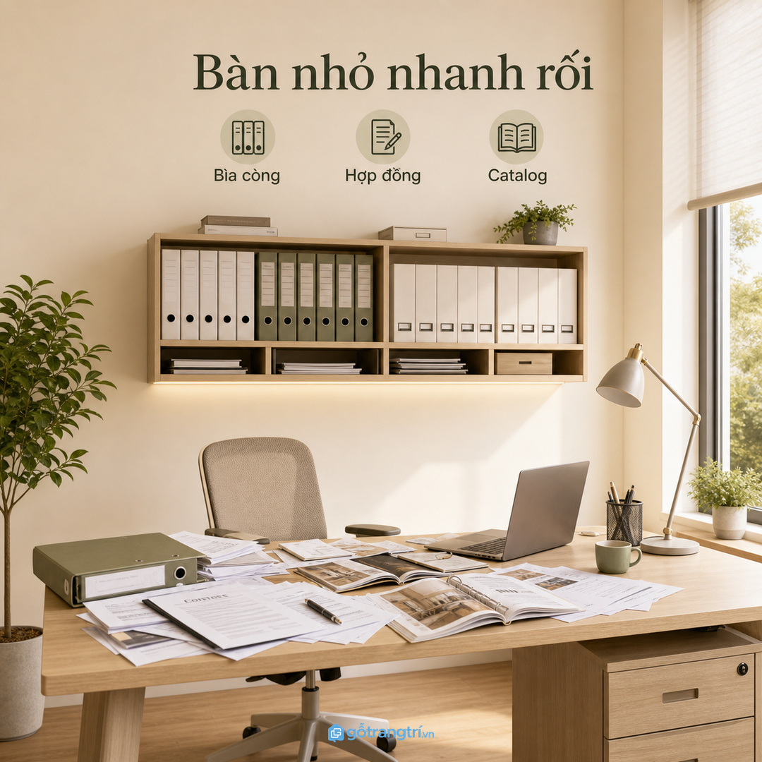 Giấy tờ nằm trên bàn làm việc khiến văn phòng nhỏ nhanh rối
