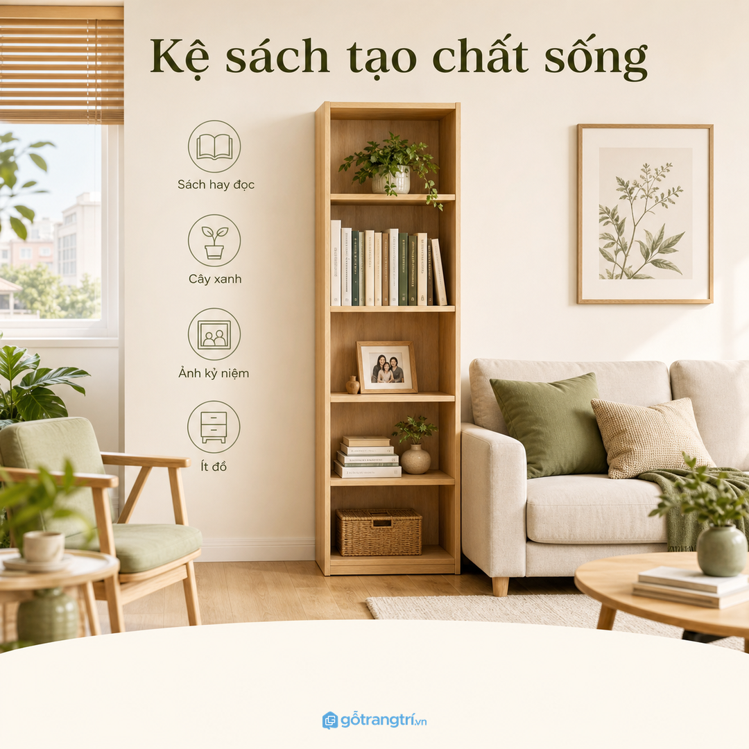 Kệ sách tạo chất sống cho phòng khách, không chỉ để cất sách