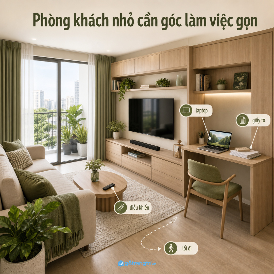 Phòng khách nhỏ đang phải gánh thêm góc làm việc
