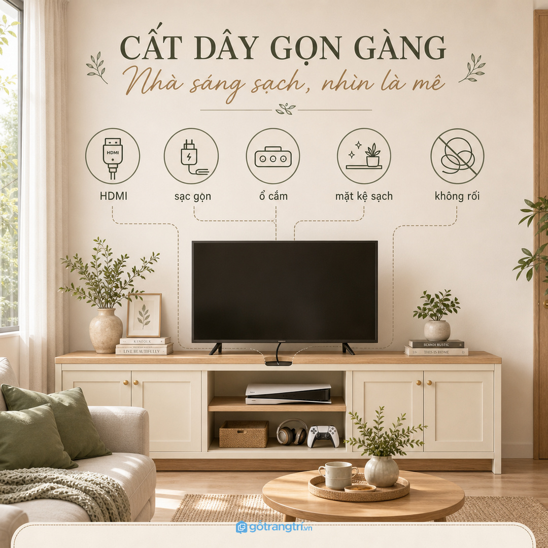 Dây HDMI, sạc tay cầm và ổ điện làm kệ tivi nhanh rối