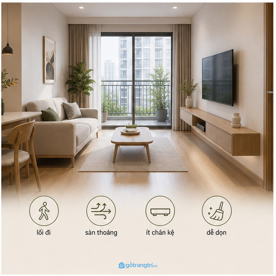 Phòng khách chung cư nhỏ cần giữ mặt sàn thoáng