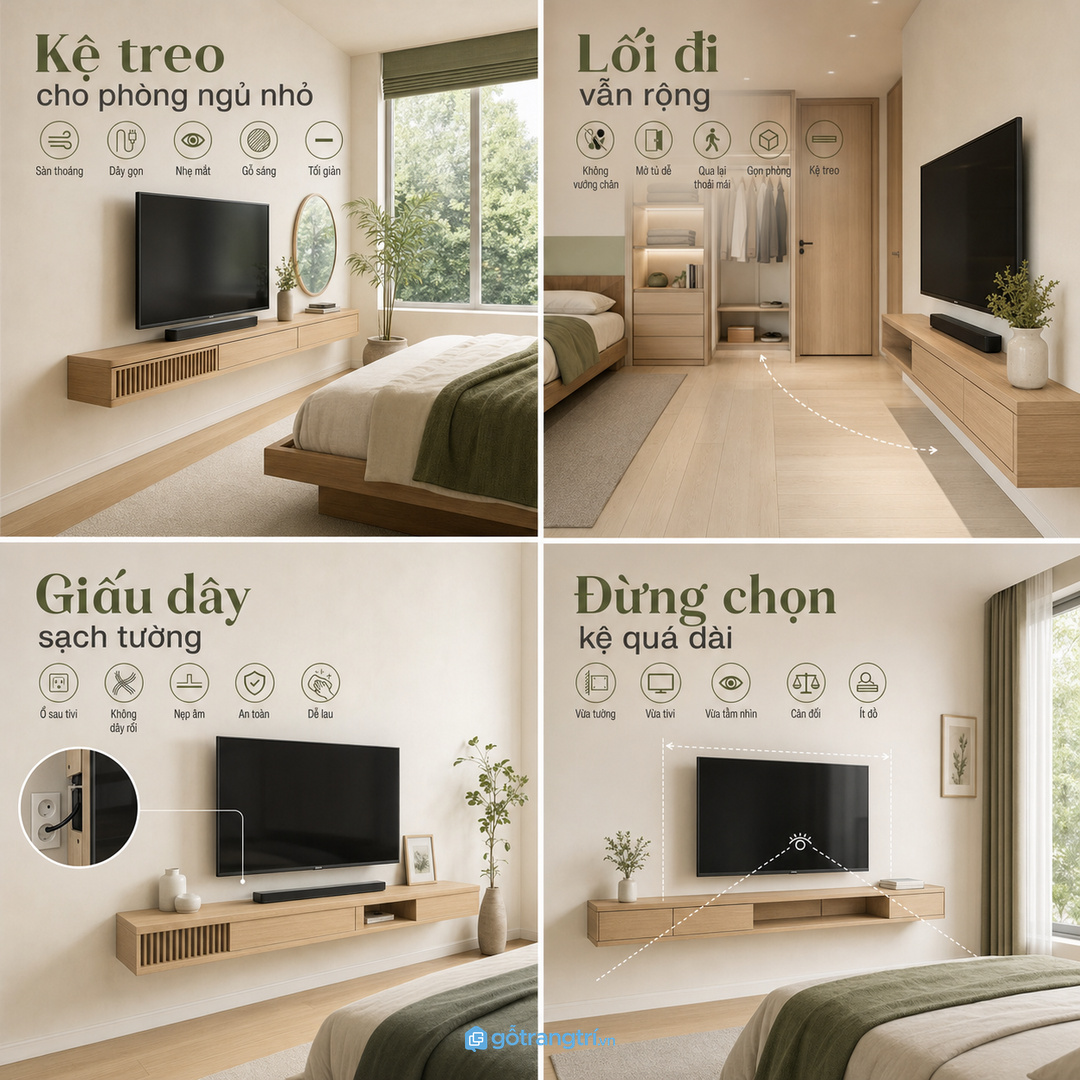 Mảng tường tivi trong phòng ngủ nên nhẹ hơn phòng khách