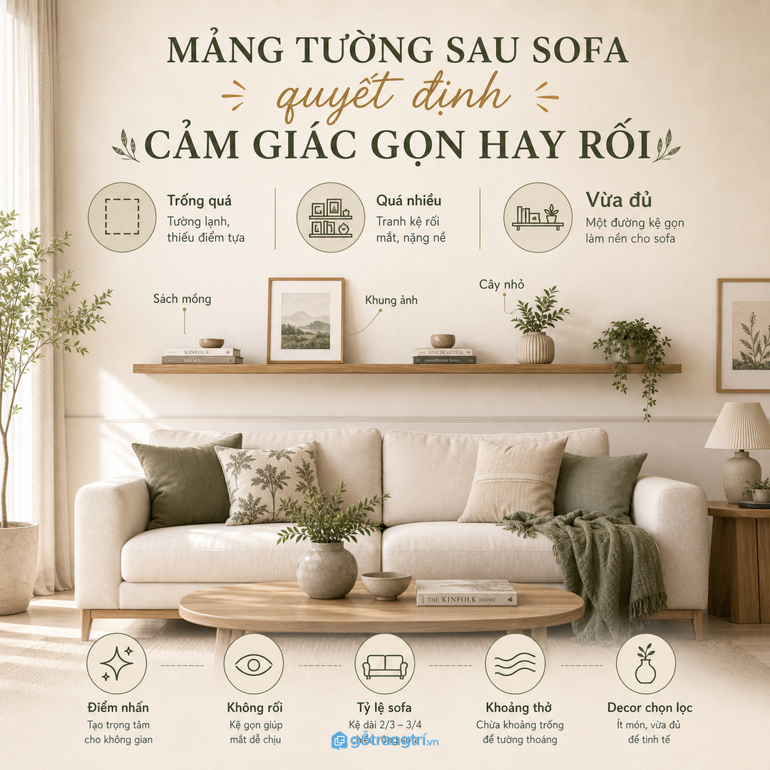 Mảng tường sau sofa dễ trống hoặc rối nếu chọn kệ sai tỷ lệ