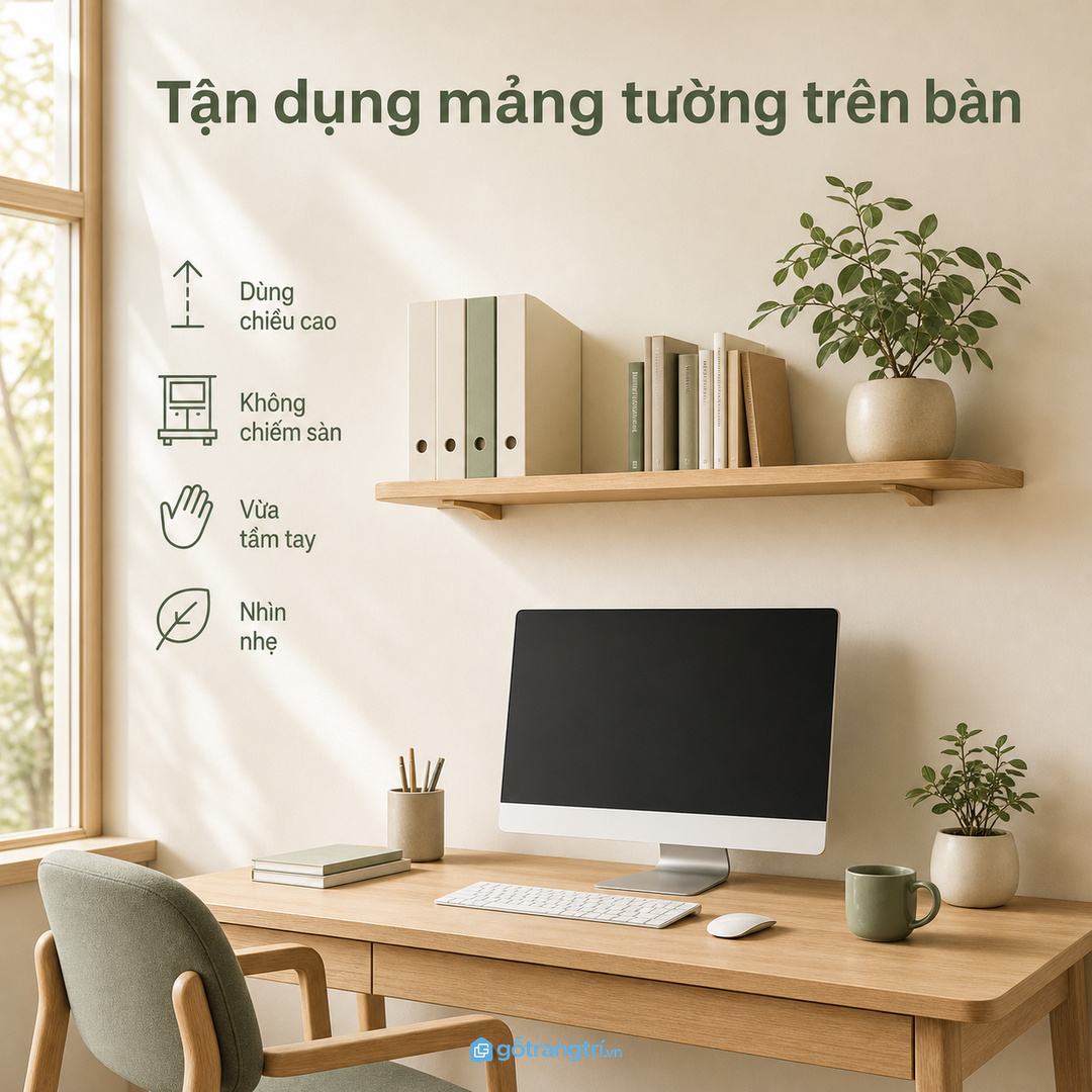 Tận dụng mảng tường trên bàn để văn phòng nhỏ gọn hơn.